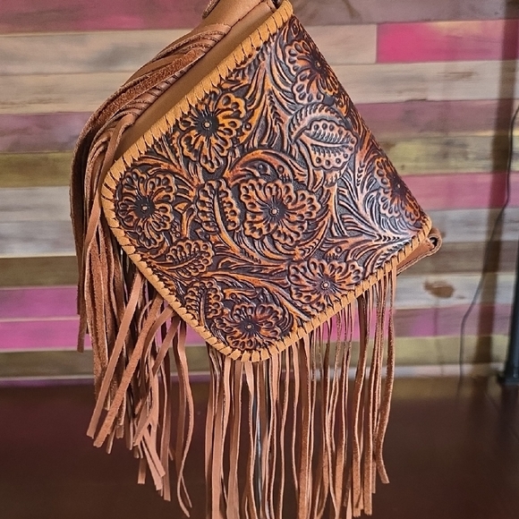 Montana West Handbags - NWOT Montana West genuine leather tooled floral fringe crossbody bag
